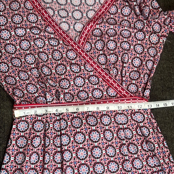 Max Studio Faux Wrap Print Stretch Dress Red Black Blue sz L - Picture 6 of 9